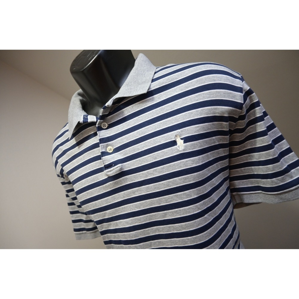 Polo‎ Ralph Lauren Polo Shirt Mens XL Gray Navy Blue Striped Custom Slim Fit EUC